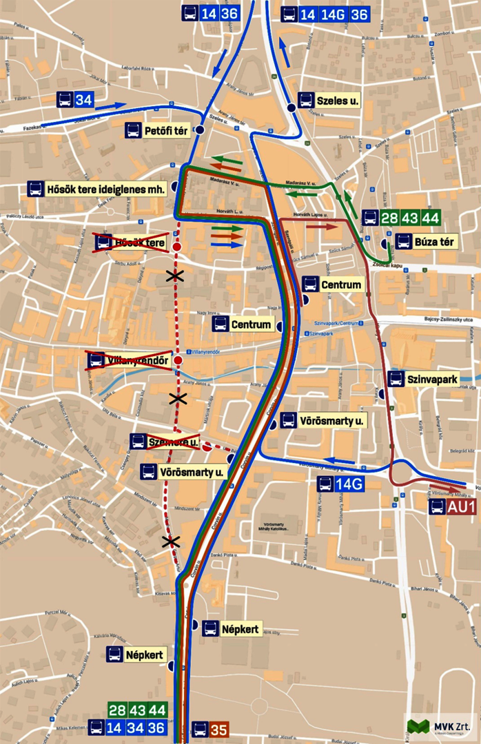 autóbuszok terelt útvonala